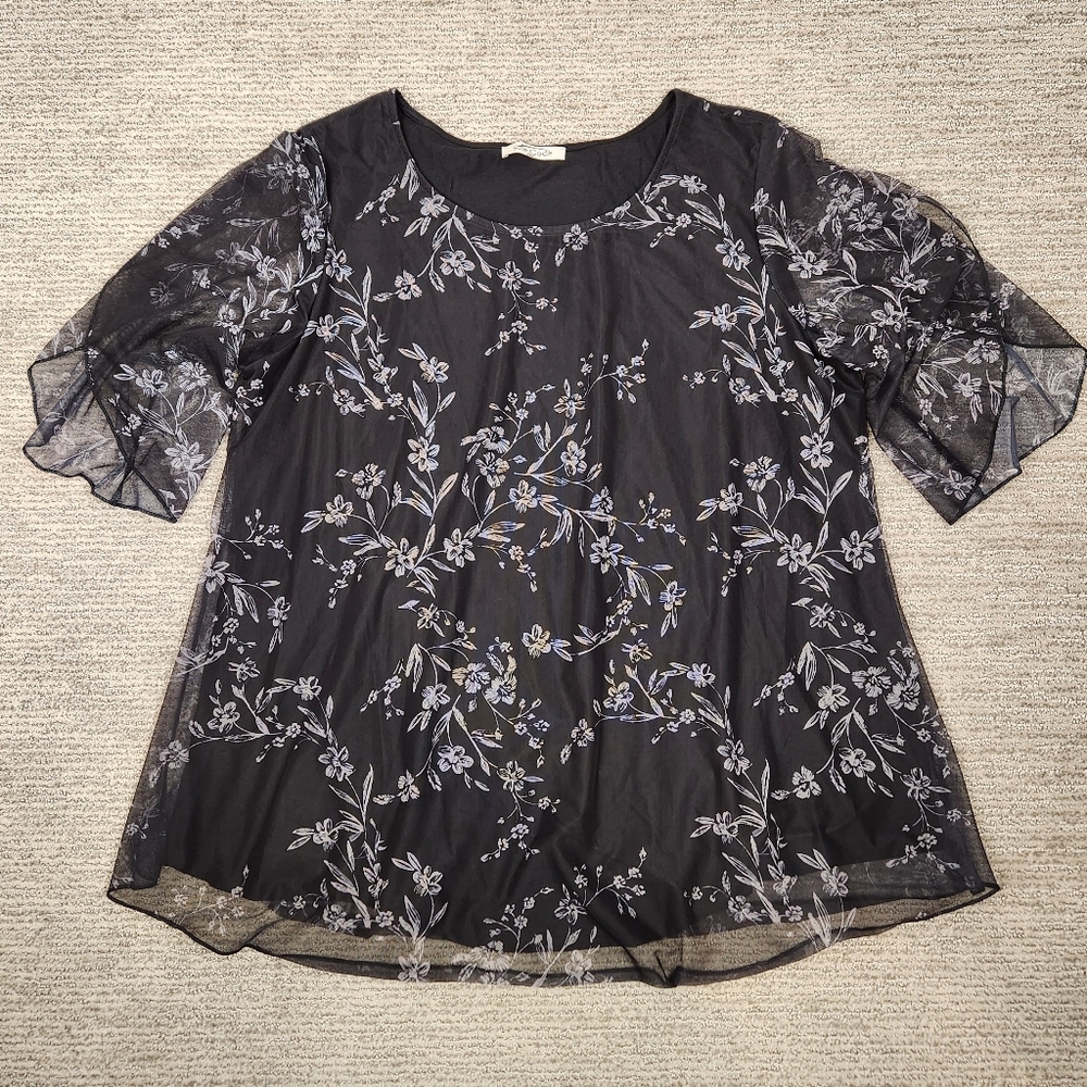 Sese Code Top Black Floral Mesh Layered Shirt Elbow Sleeves Womens Plus 2XL